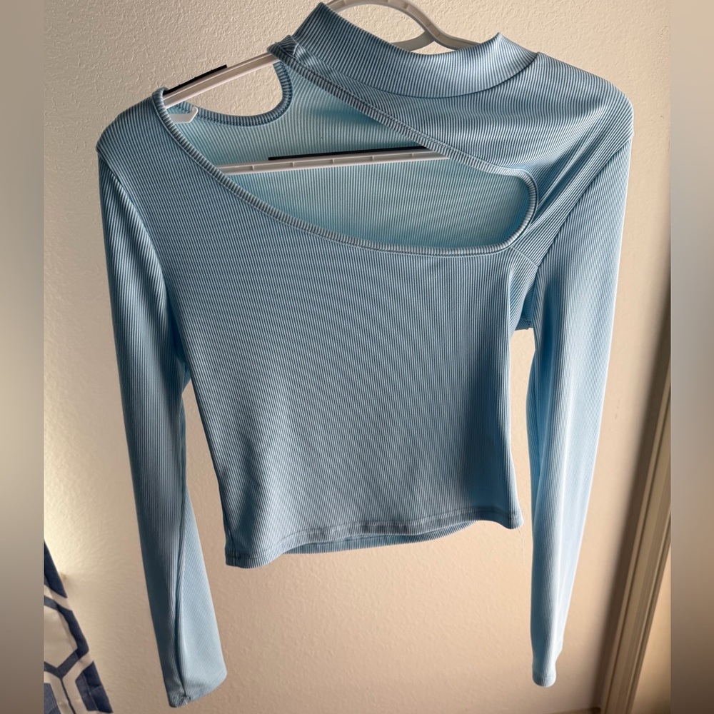 SHEIN Light Blue Ribbed Asymmetric Long-Sleeve Top